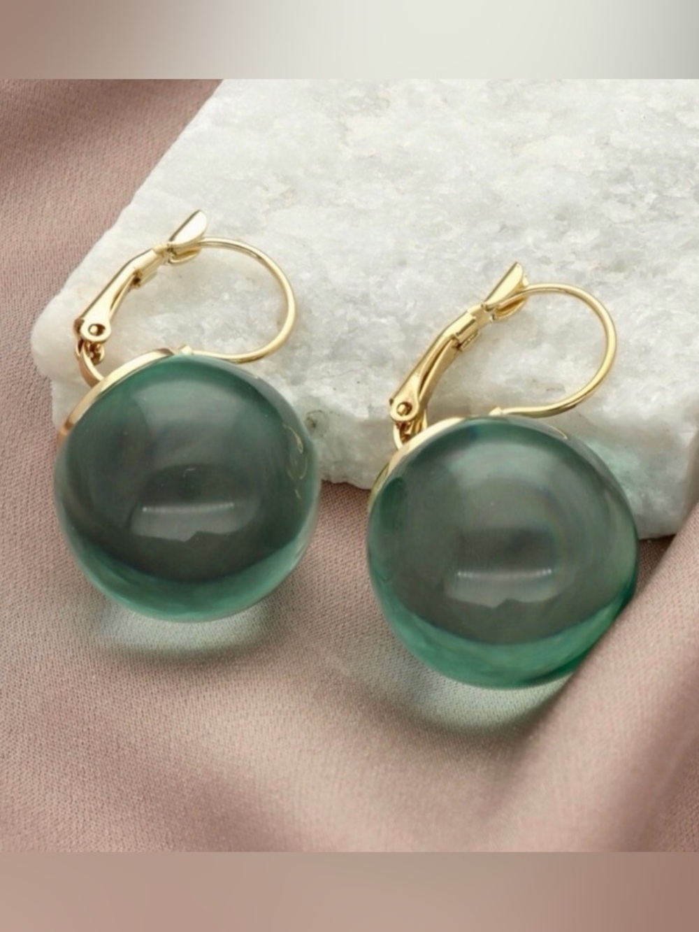 Anthropologie Gold Leverback Earrings with Teal Glass Orbs